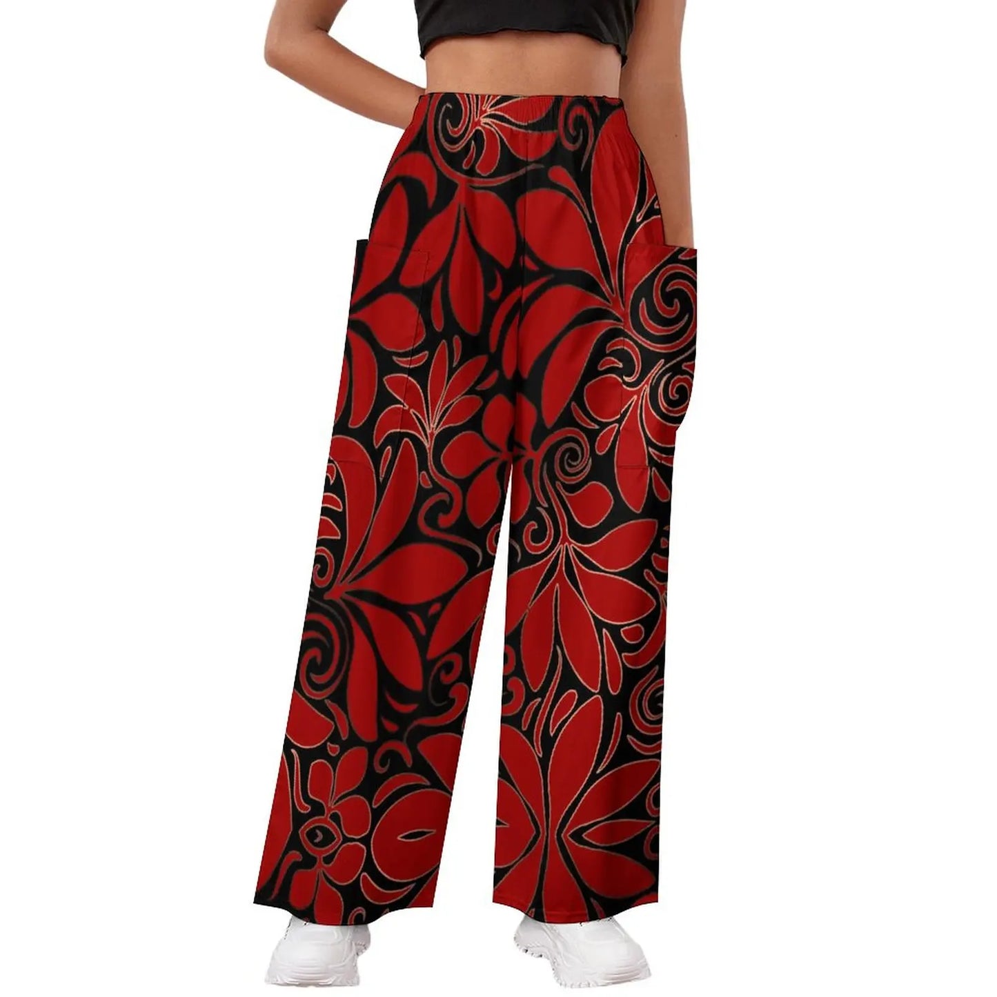 Deep Red Floral Poly Pocket Flares