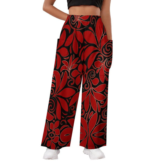 Deep Red Floral Poly Pocket Flares